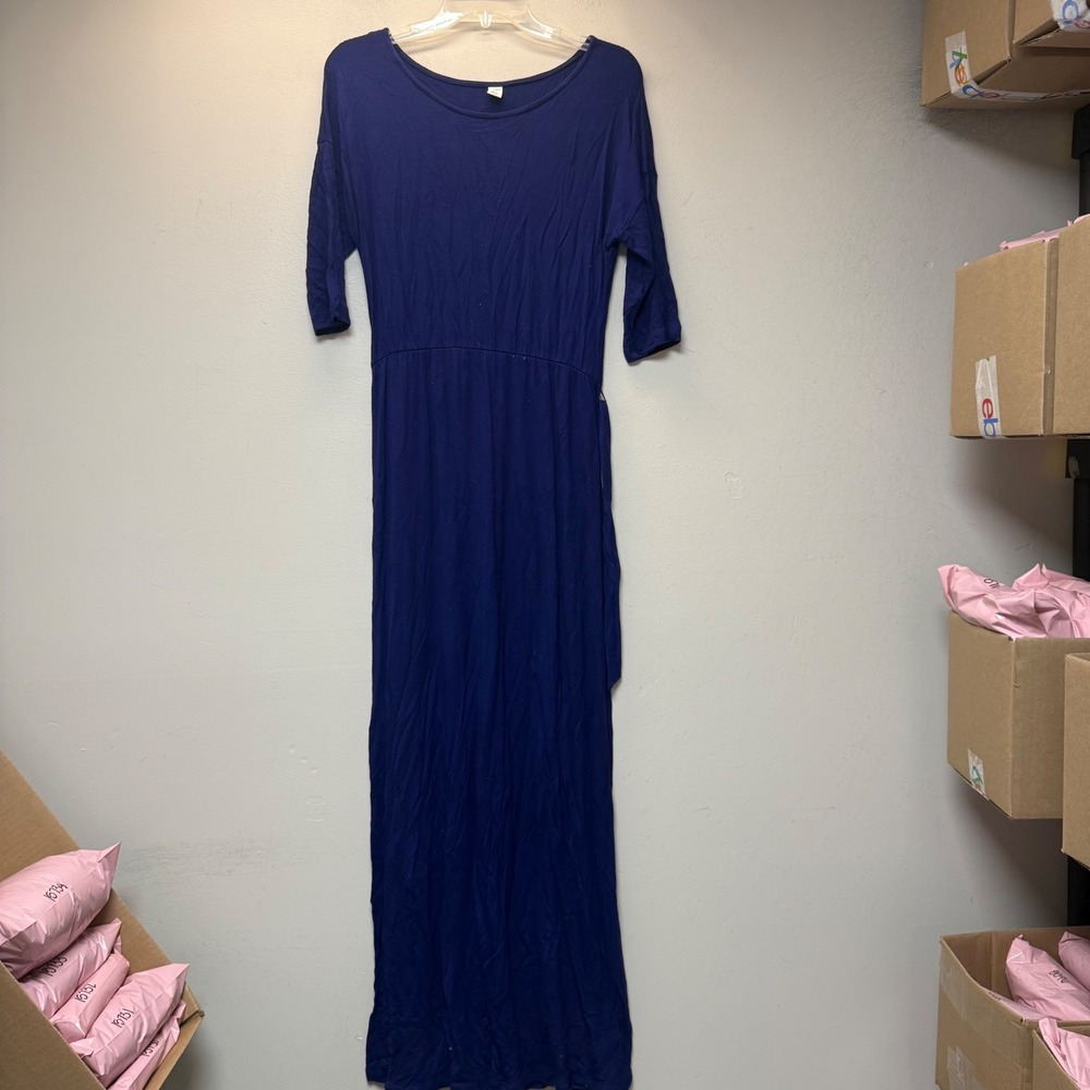Old Navy Maxi Dress Women Medium Petite Navy Blue Excellent Rayon Belted 15735